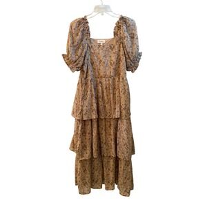 Bohme Floral Tiered Maxi Dress Gold Metallic Clip Dot Puff Sleeve Cottagecore S